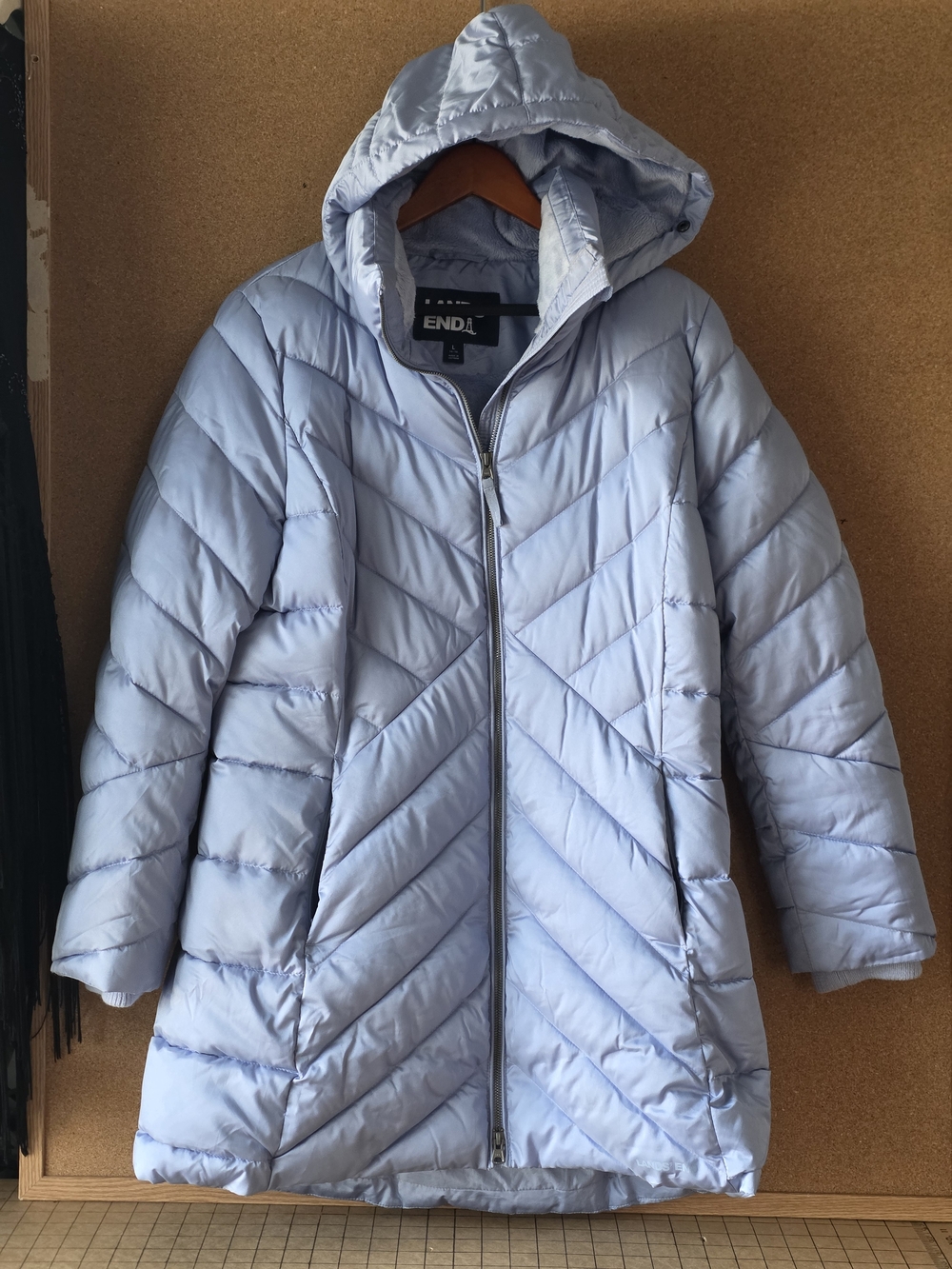 Lands' End Sz L 14-16 Hooded Chevron Puffer Coat Ice Blue & Ski Gloves M Set